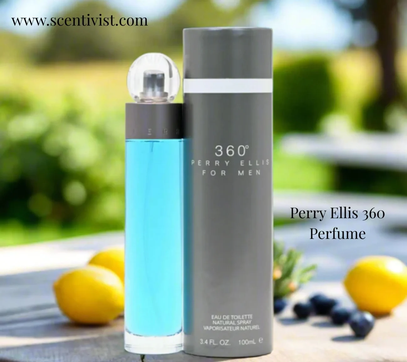 Perry Ellis 360 perfume bottle placed with fresh lemons and greenery background highlighting its citrusy fragrance character.