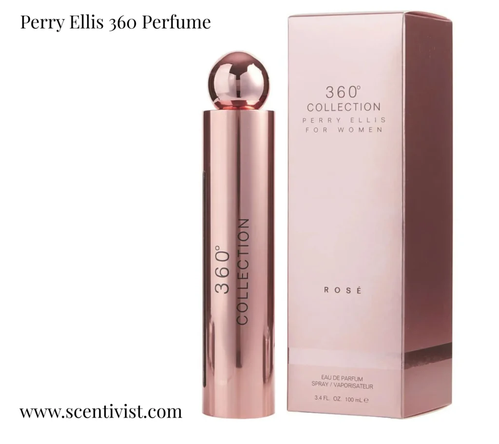 Perry Ellis 360° Rose for Women perfume bottle displayed with soft pink roses, highlighting its romantic floral character.