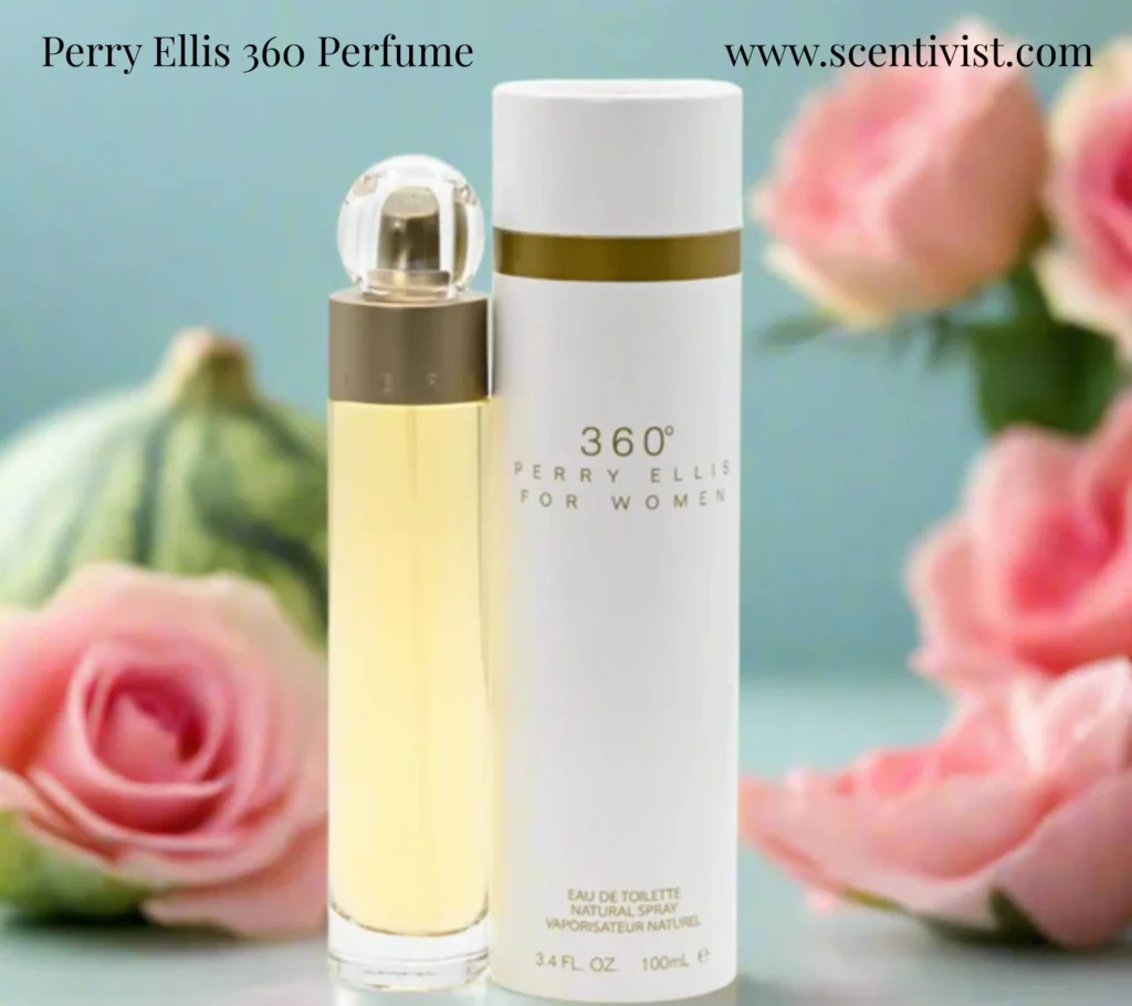 Perry Ellis 360 for Women perfume bottle placed among soft flowers, highlighting its feminine floral character.