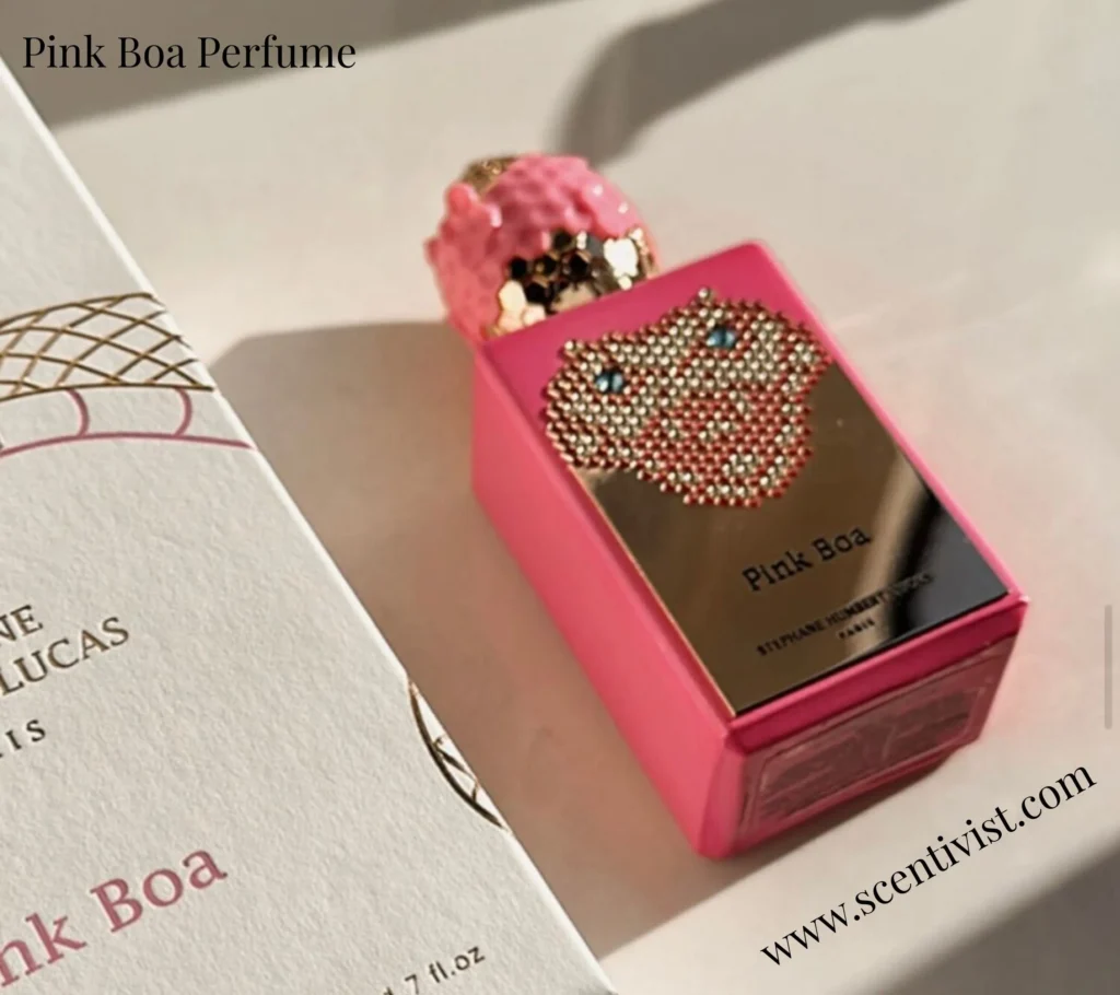 Pink Boa perfume bottle, elegant design, and pink-accented cap on a white background.