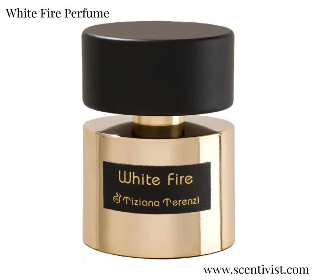 White Fire perfume by Tiziana Terenzi in a gold bottle with a black cap displayed on a clean white background.