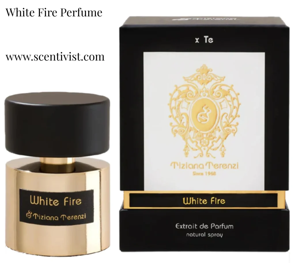 White Fire perfume by Tiziana Terenzi bottle with its original packaging box displayed on a clean white backgroud.