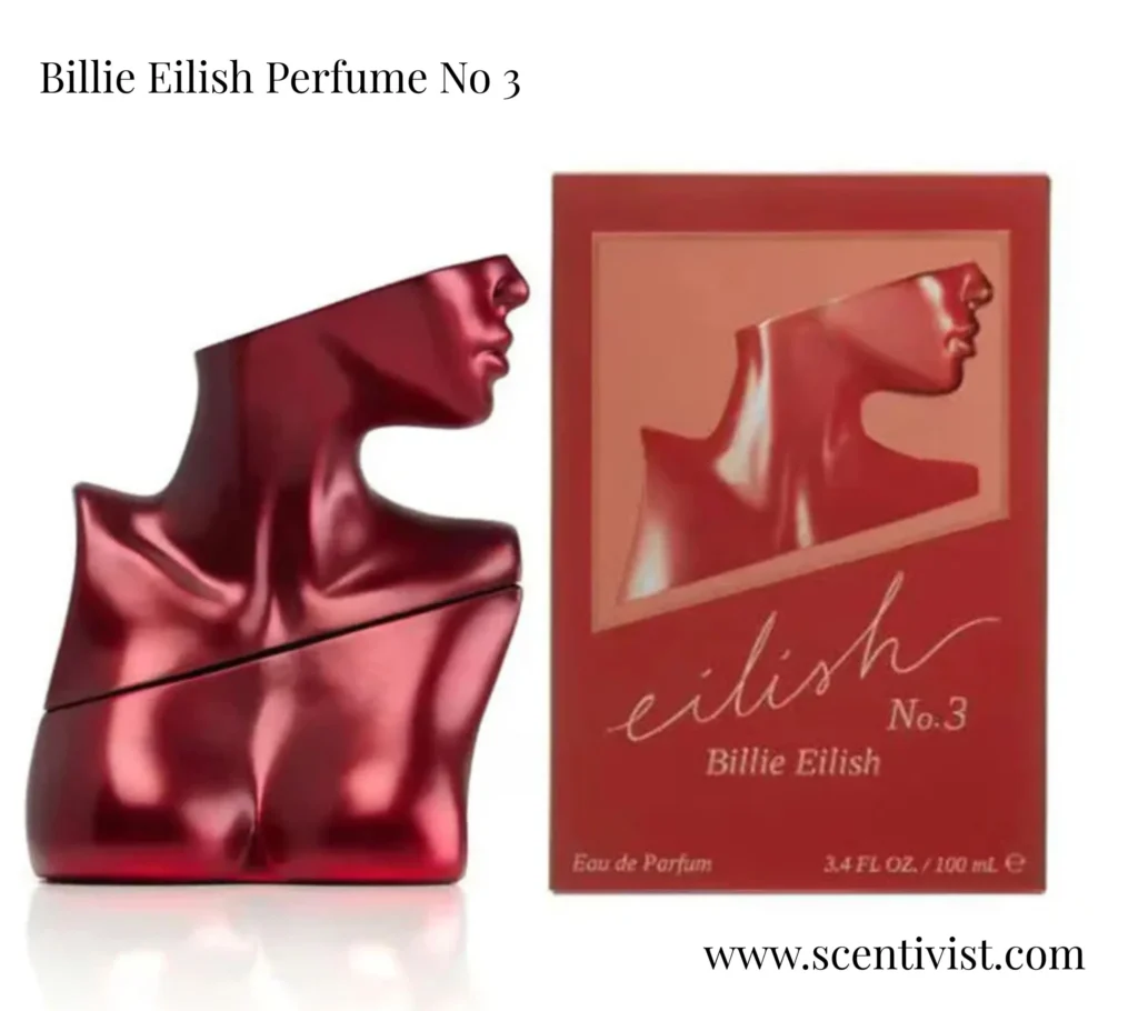 Eilish No. 3 Eau de Parfum bottle by Billie Eilish displayed beside its red perfume box on a white background.