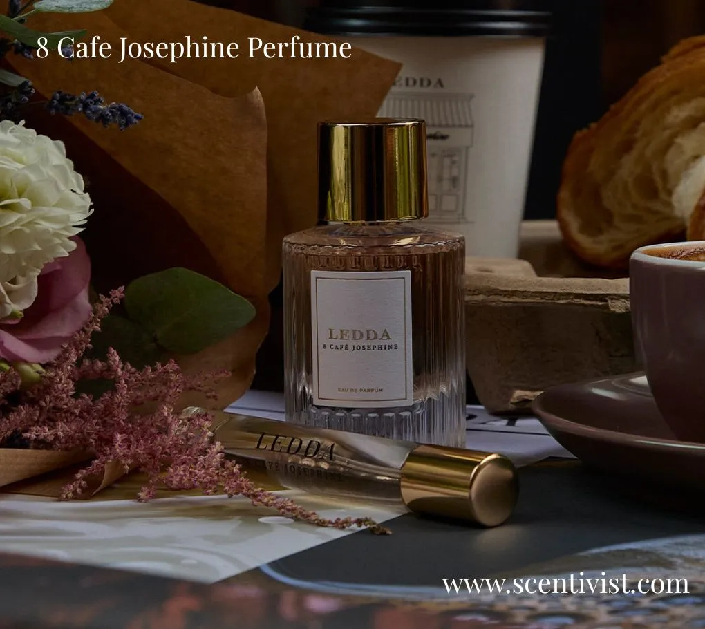 Café Josephine perfume bottle with a gold cap placed on a cozy table with flowers, coffee, and pastries.