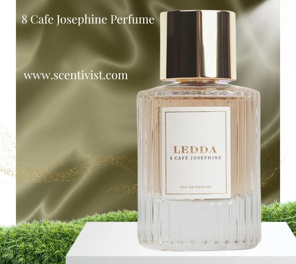 Ledda 8 Café Josephine perfume bottle with a gold cap, displayed against a soft satin green background.