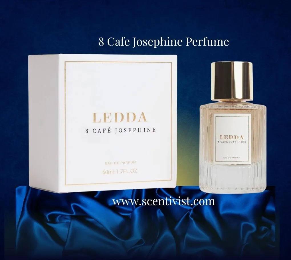 Ledda 8 Café Josephine perfume bottle and box displayed on deep blue satin fabric with a rich blue background.