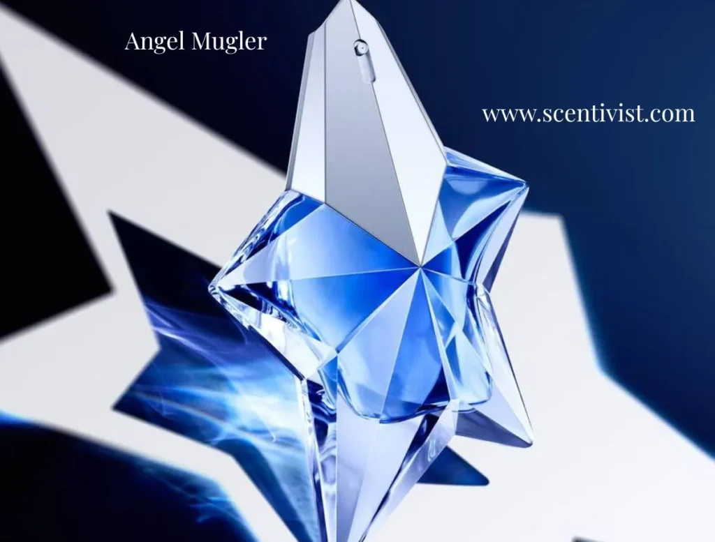 Angel Mugler star-shaped perfume bottle in blue glass set against a bold star graphic background.