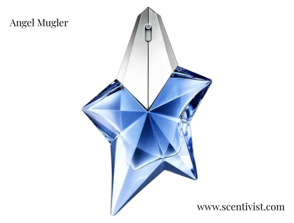 Angel Mugler blue star-shaped perfume bottle on a clean white background.