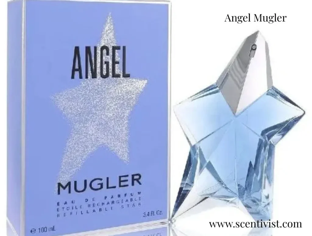 Angel Mugler perfume box with a glittery star design next to the iconic blue star-shaped perfume bottle on a clean background.