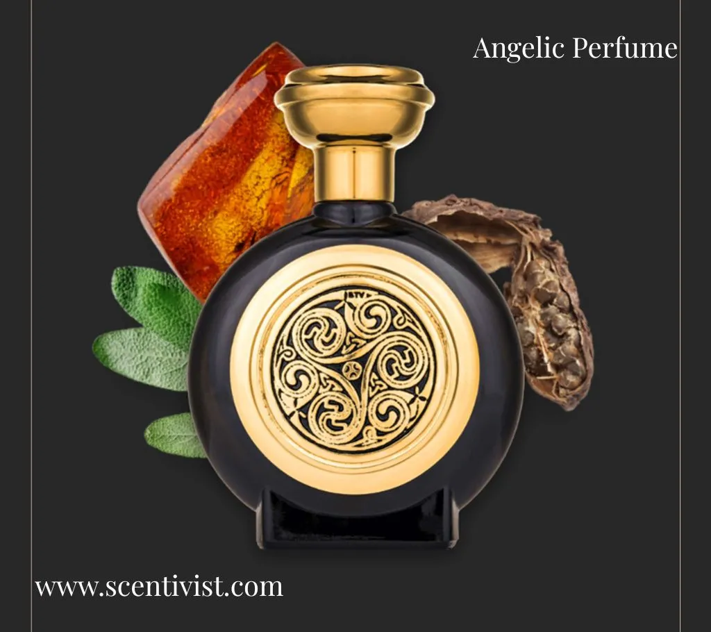 A luxurious black and gold Angelic Perfume bottle with ornate detailing, surrounded by amber, green leaves, and a natural resin element on a dark background.