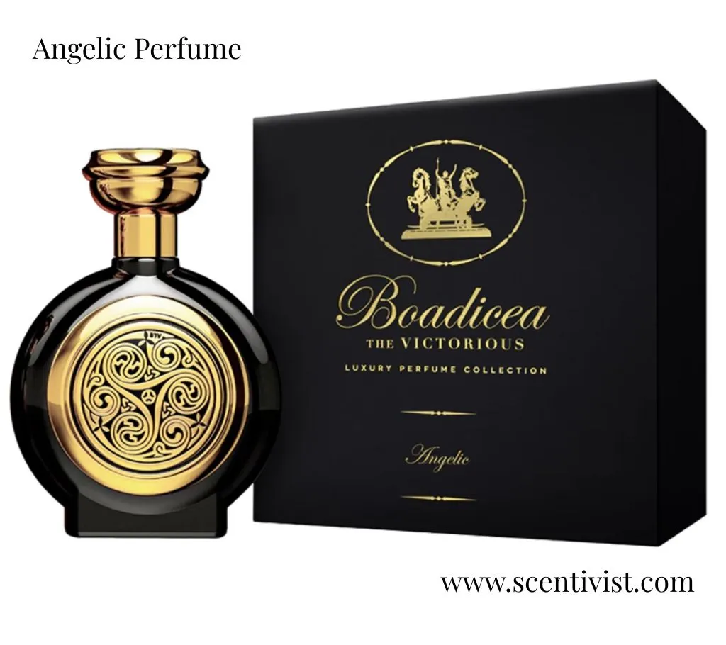 Angelic Perfume bottle with a black and gold design displayed beside its luxury Boadicea the Victorious packaging box.