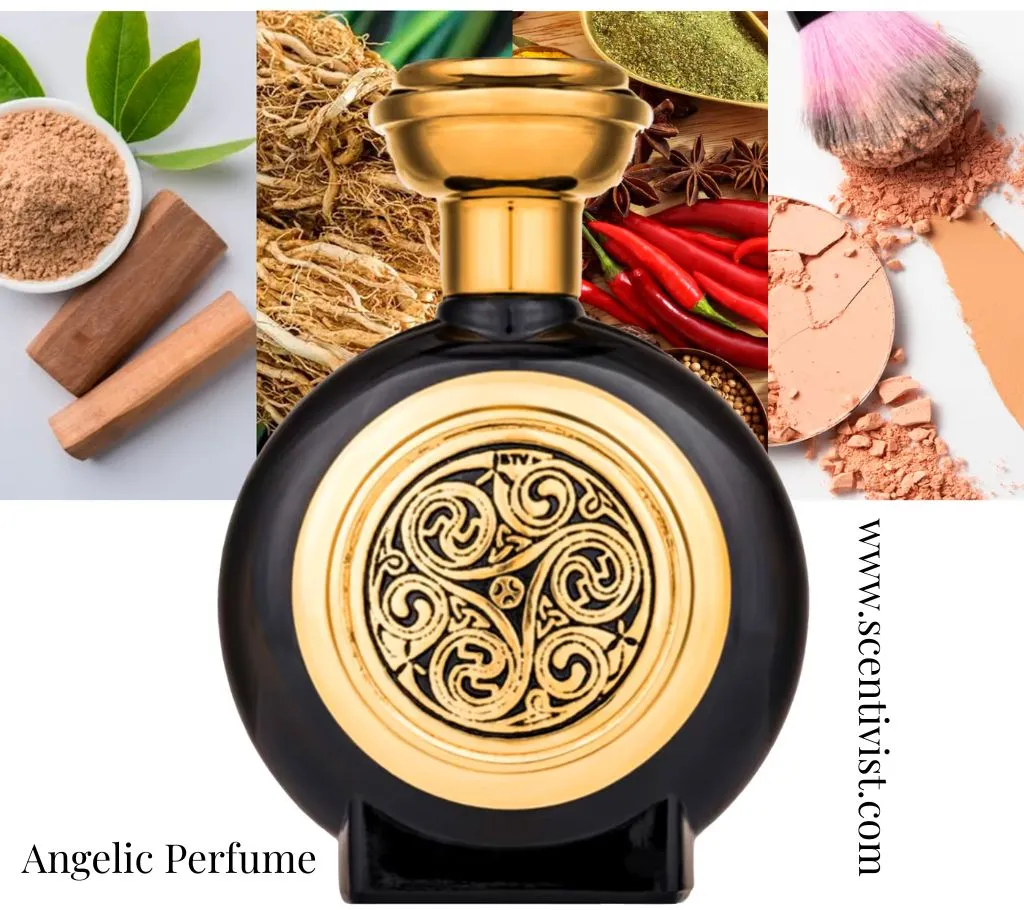 Angelic Perfume bottle with black and gold design, surrounded by ingredients like herbs, spices, roots, and cosmetic powder.