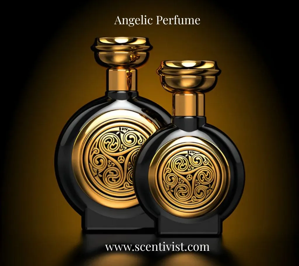 Two black and gold Angelic Perfume bottles with ornate detailing displayed against a warm, glowing background.