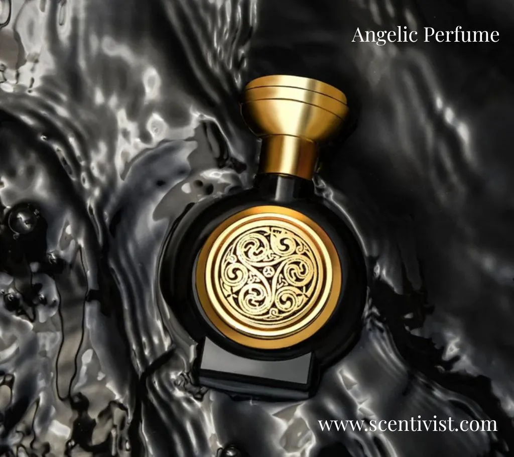 A black and gold Angelic Perfume bottle placed on a glossy, flowing dark liquid surface.