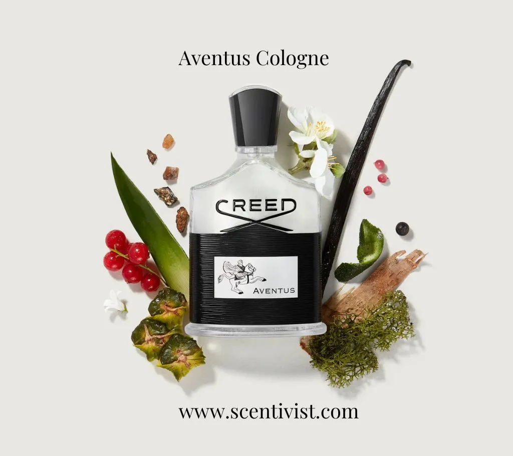 Bottle of Aventus Cologne by Creed placed at the center with fresh ingredients like berries, green leaves, citrus peel, vanilla pod, and wood arranged around it, highlighting the fragrance notes of the iconic Creed Scent.