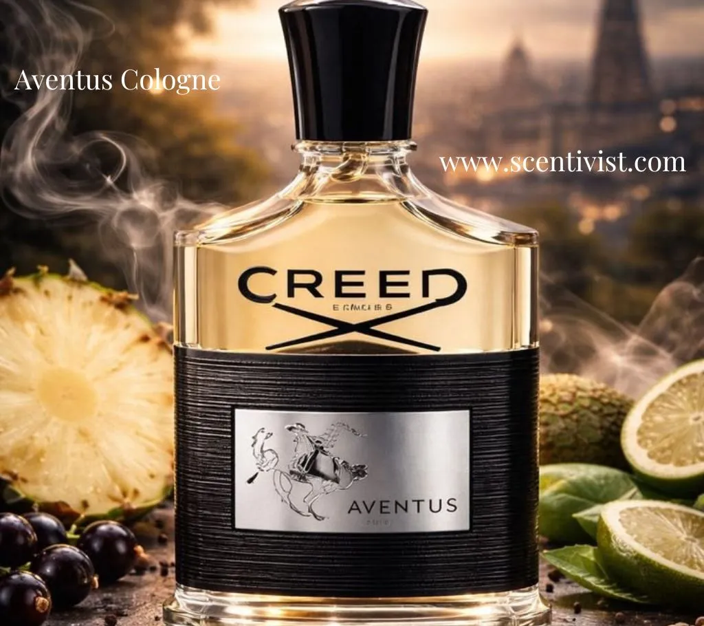 Close-up of Aventus Cologne by Creed perfume bottle with pineapple slices, citrus fruits, and berries placed around it, set against a warm cityscape background representing the fresh and vibrant character of the Creed fragrance.