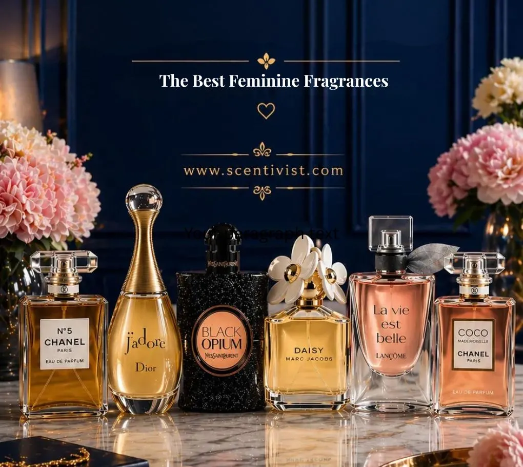A luxurious display of the best feminine fragrances including Chanel No. 5, Dior J’adore, YSL Black Opium, Marc Jacobs Daisy, Lancôme La Vie Est Belle, and Chanel Coco Mademoiselle on a marble surface with flowers and a chandelier backdrop.