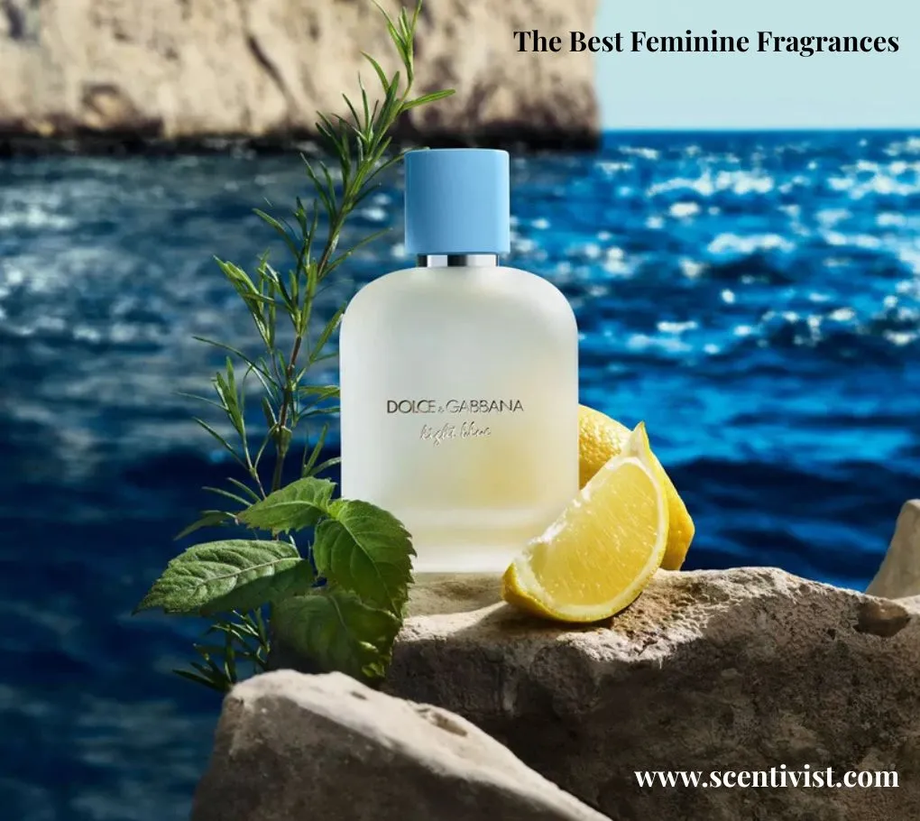 The best feminine fragrance; Dolce & Gabbana Light Blue perfume bottle placed on seaside rocks with a lemon slice and greenery, set against a sparkling ocean backdrop.