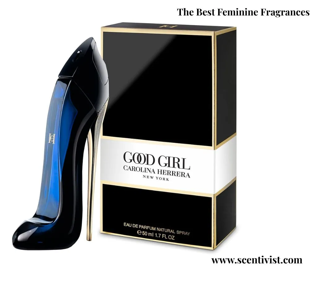 The best feminine fragrances; Carolina Herrera Good Girl perfume in a sleek high-heel shaped bottle with blue and black tones, displayed beside its matching box.