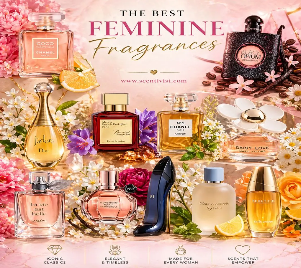 A vibrant display of popular feminine perfumes including Chanel Coco Mademoiselle, Dior J’adore, YSL Black Opium, Baccarat Rouge 540, Chanel No. 5, Marc Jacobs Daisy Love, Lancôme La Vie Est Belle, and others, surrounded by colorful flowers and fruits.
