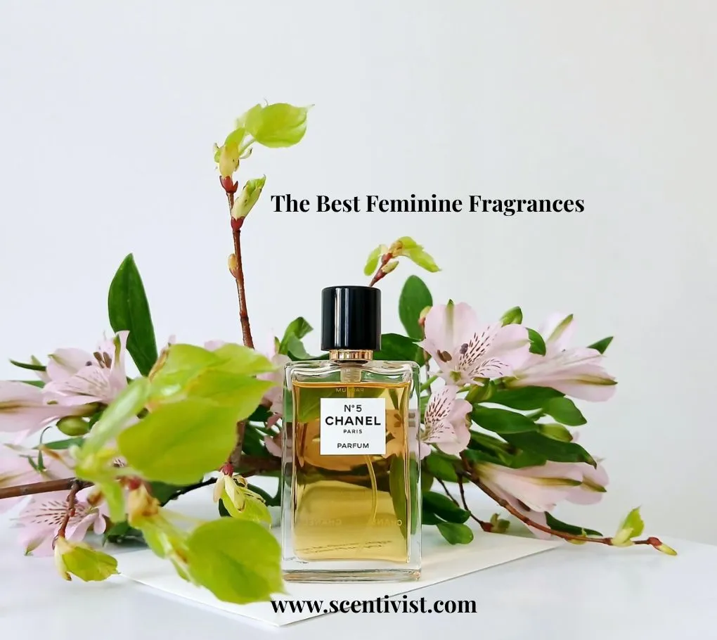The best feminine fragrances: Chanel No. 5 perfume bottle placed among soft pink blossoms and green leaves on a clean white background.