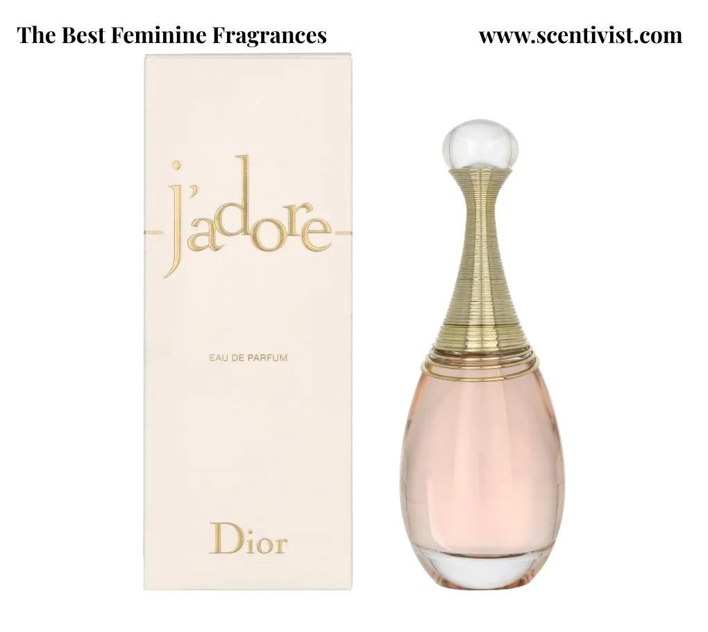 The best feminine fragrances; Dior J’adore Eau de Parfum bottle with its elegant gold neck design displayed beside its matching box on a clean white background.