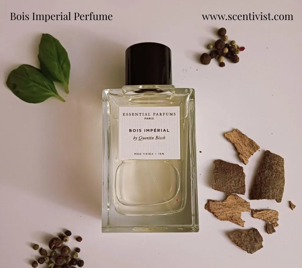 Bois Imperial by Essential Parfums clear perfume bottle with black cap placed on a clean background, surrounded by green leaves, peppercorns, and woody bark pieces representing its fresh woody notes.