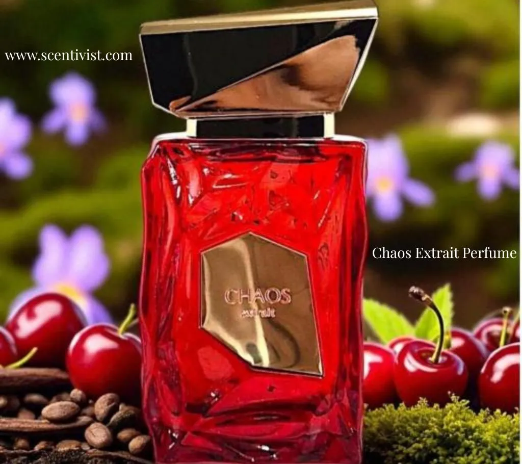 Alt Text: Chaos Men Perfume bottle standing tall, black glass with golden accents, reflecting light dramatically.