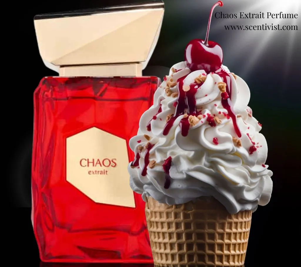Chaos Men Perfume bottle next to its ice cream, angled artistically on a dark surface.