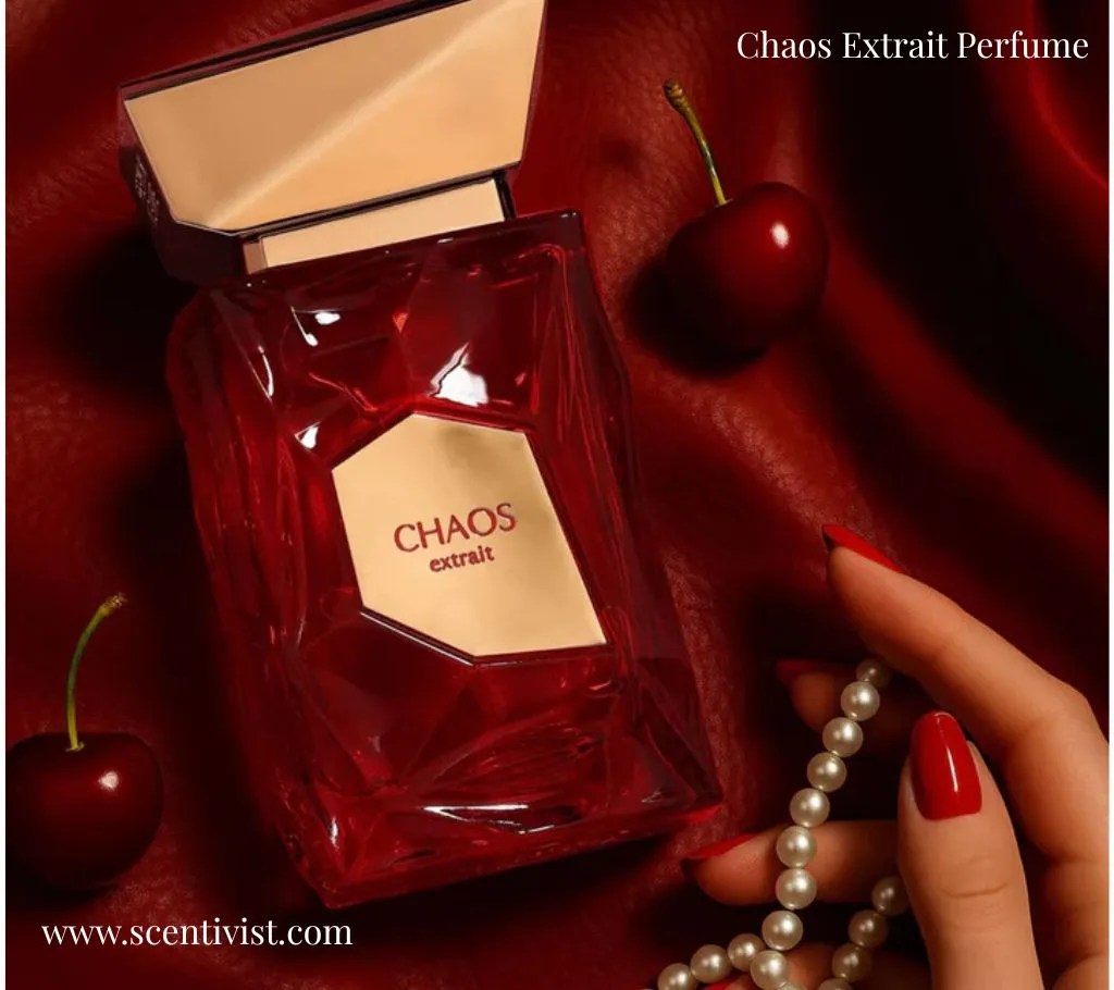 Artistic flat lay of Chaos Men Perfume bottle surrounded by red silky cloth and cherry.
