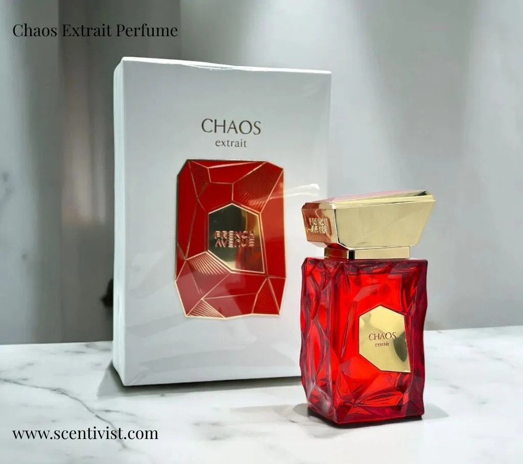 Packaging of Chaos Men Perfume, featuring a sleek black box with gold accents and bold typography, exuding luxury and intensity.