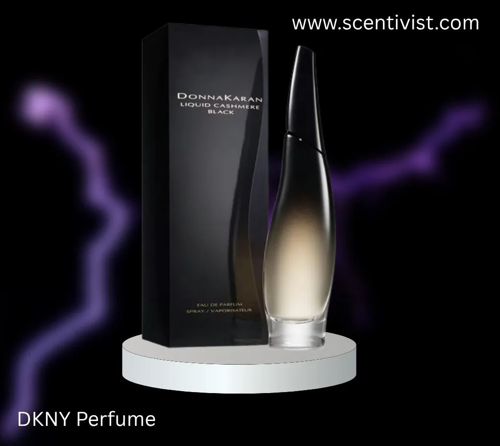 DKNY Donna Karan Liquid Cashmere Black perfume bottle with matching black box on a display stand against a dark background.
