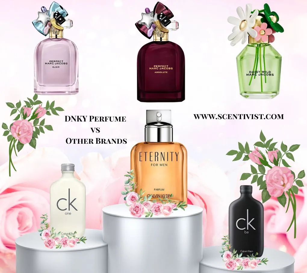 Comparison image of DKNY perfume alongside other brands including Marc Jacobs and Calvin Klein fragrances displayed on podiums with floral decorations.