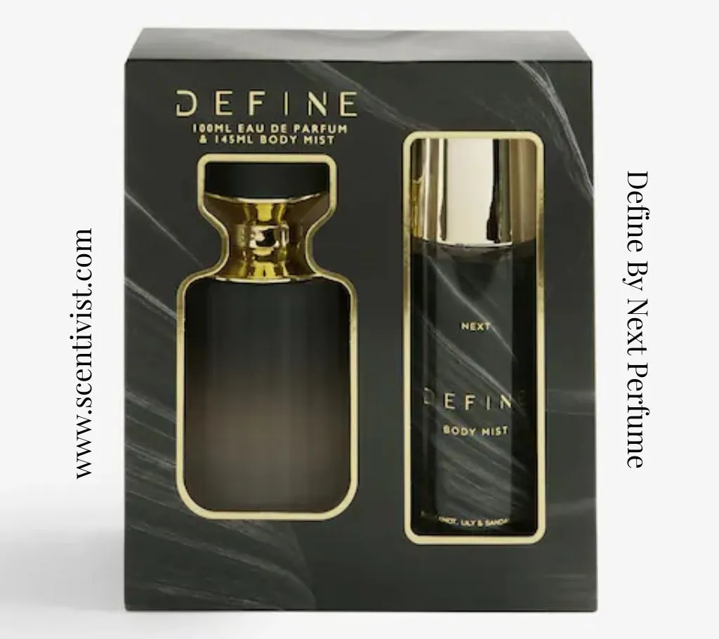 A sleek Define by Next perfume bottle paired with a matching body mist, elegantly arranged in a single gift-ready packaging on a soft, neutral surface, highlighting their modern and luxurious appeal.
