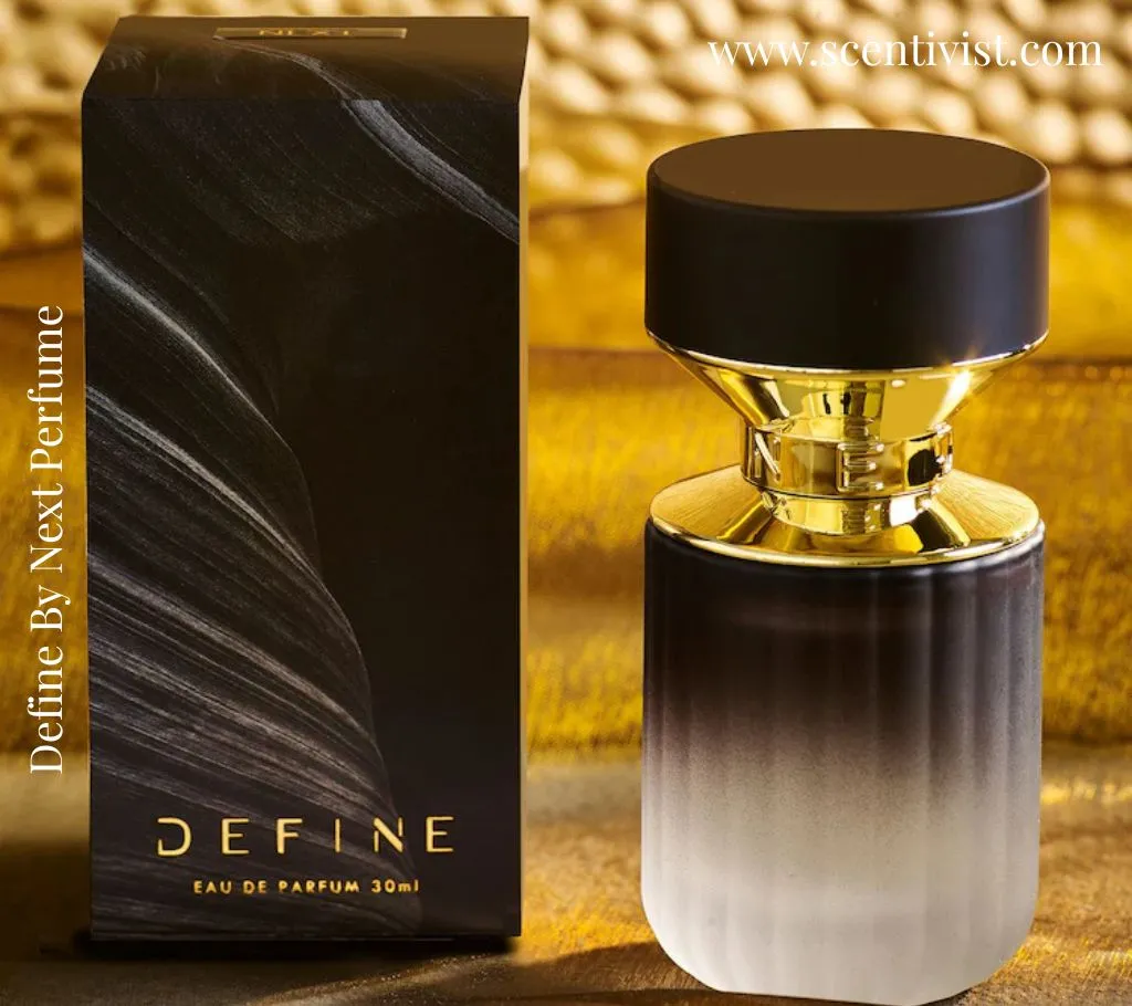 Define Eau de Parfum by Next stylish perfume bottle with a sleek, modern design displayed in an elegant luxury setting.
