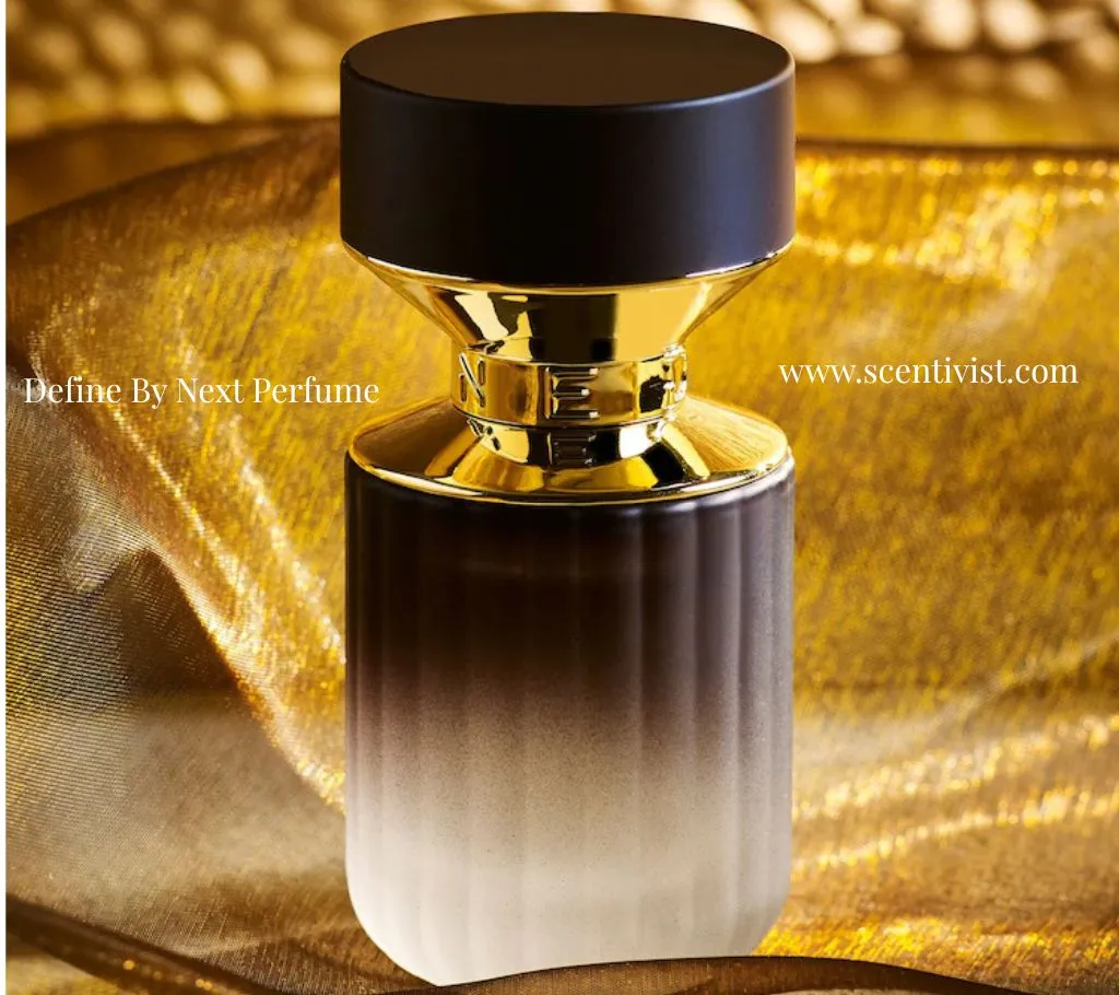 Define Eau de Parfum by Next perfume bottle placed on soft velvet cloth, creating a luxurious and elegant presentation.