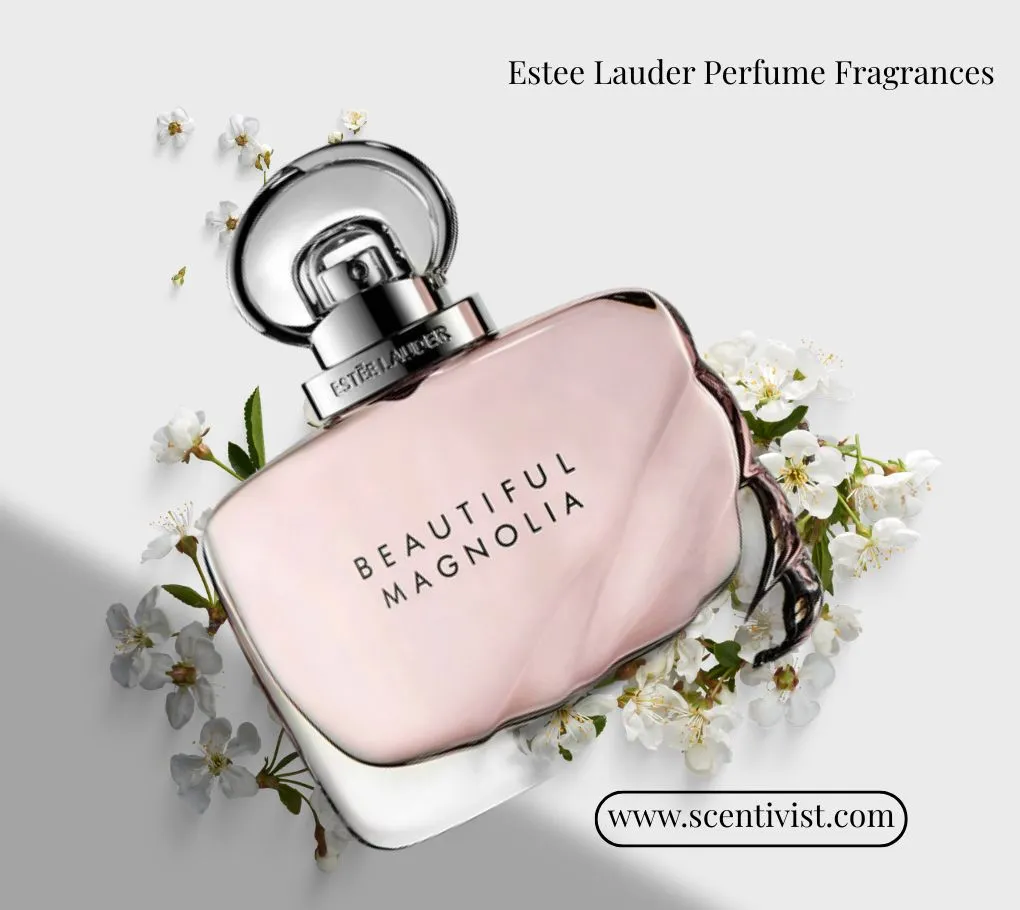 Estée Lauder Beautiful Magnolia perfume bottle in soft pink glass surrounded by delicate white blossoms.