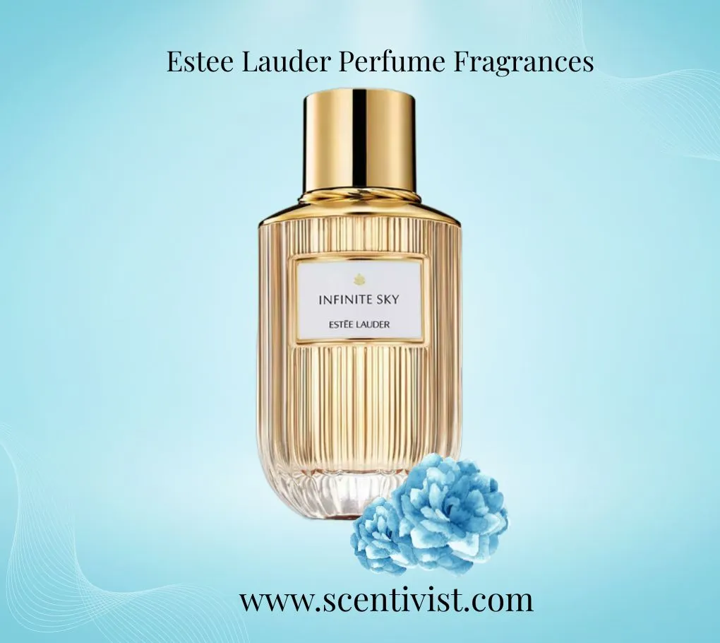 Estée Lauder Infinite Sky perfume bottle in a gold-toned design with a soft blue flower on a light blue background.