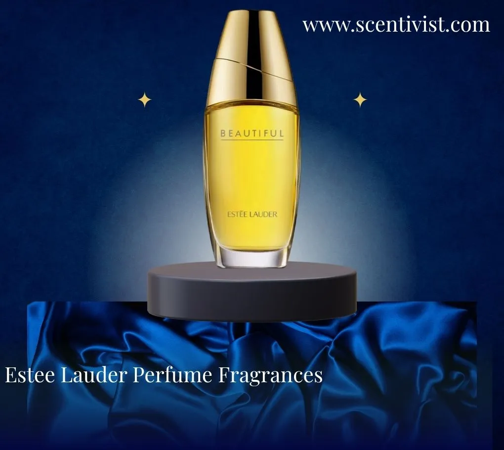 Estée Lauder Beautiful perfume bottle in golden yellow displayed on a pedestal with a deep blue satin background.
