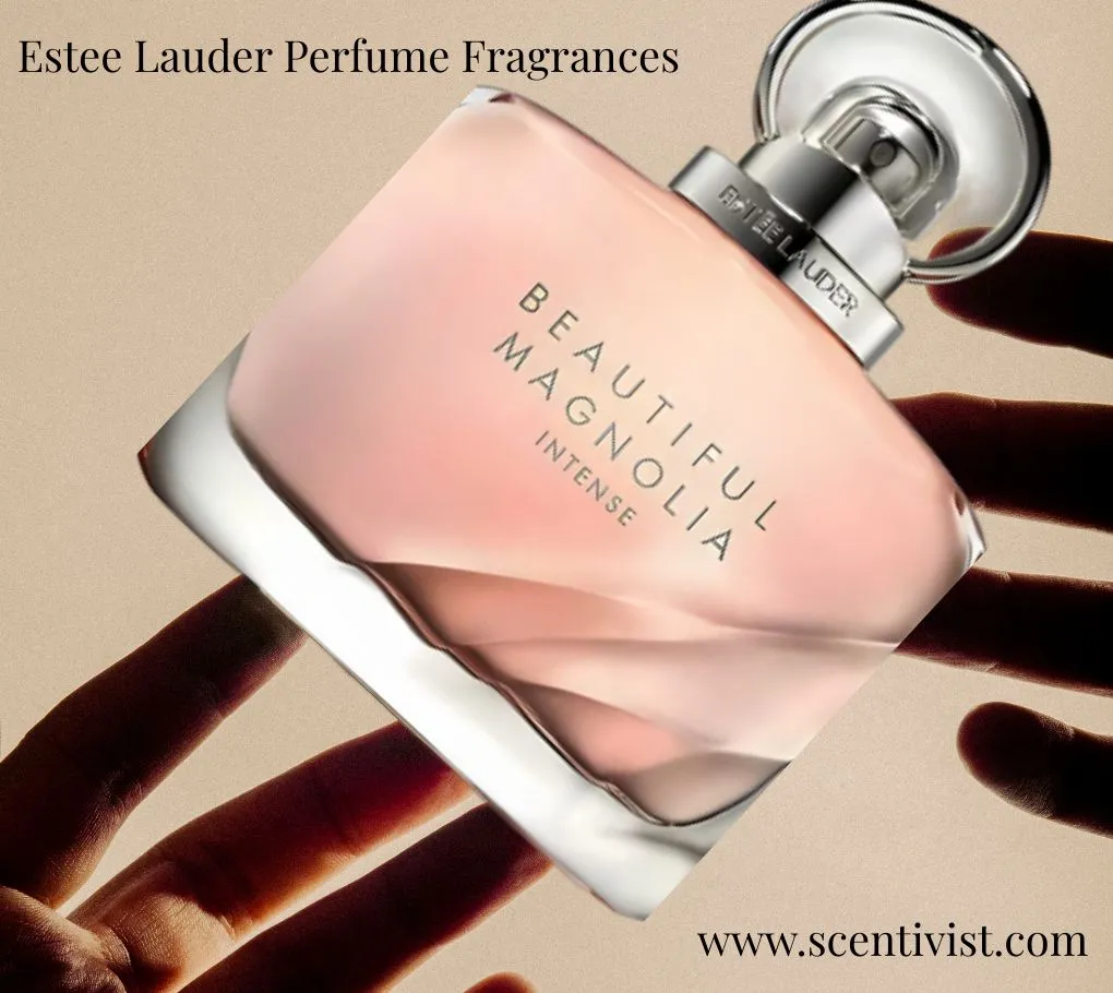 Estee Lauder Perfume Fragrances Beautiful Magnolia Intense bottle in soft pink glass, held against a warm neutral background.