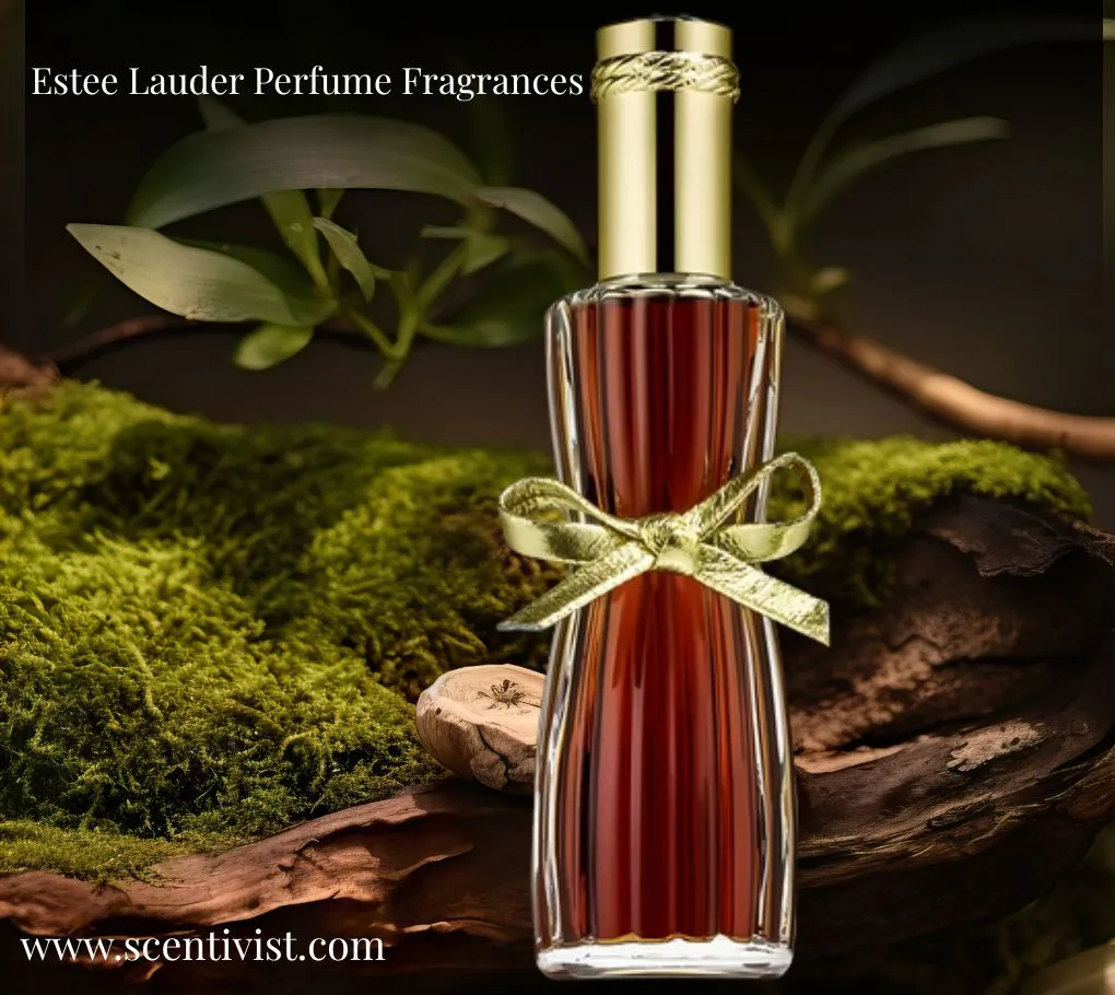 Estée Lauder Youth-Dew perfume bottle with golden cap and ribbon, placed on moss and wood in a natural setting.