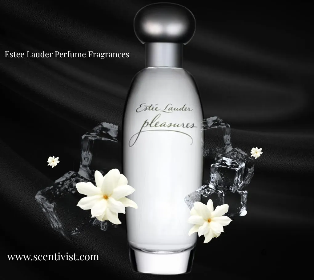 Estee Lauder Perfume Fragrances Pleasures bottle in a soft matte finish, surrounded by white flowers and ice cubes on a dark background.