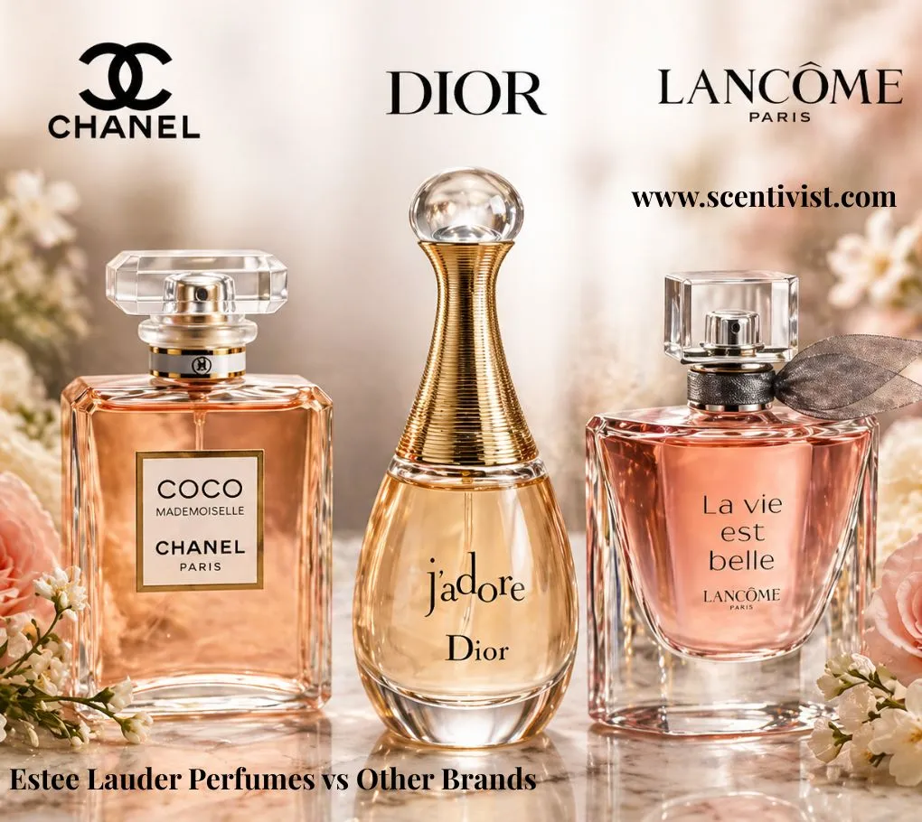 Luxury perfume display featuring Chanel Coco Mademoiselle, Dior J’adore, and Lancôme La Vie Est Belle, styled with soft floral accents and elegant branding.