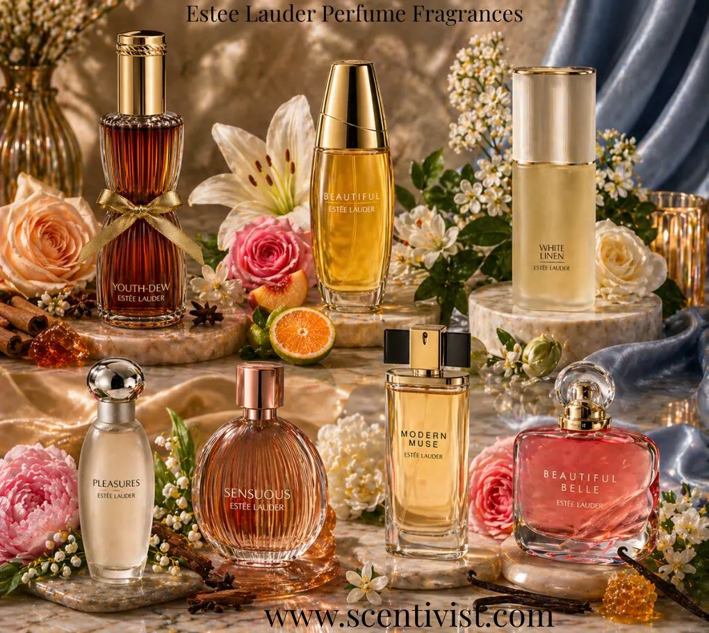 Collection of Estée Lauder perfumes including Beautiful, Youth-Dew, Pleasures, Modern Muse, Sensuous, and Beautiful Belle arranged with flowers and fruits.