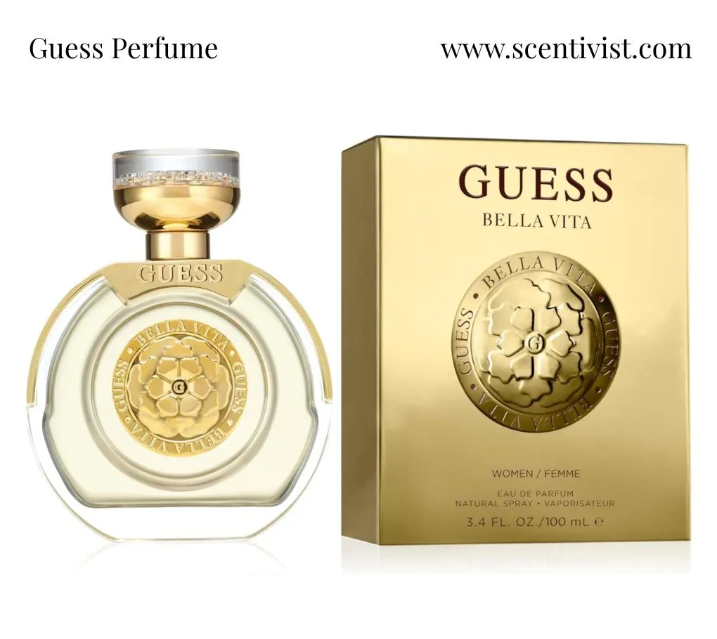 Guess Bella Vita perfume bottle with gold detailing displayed next to its matching gold box.