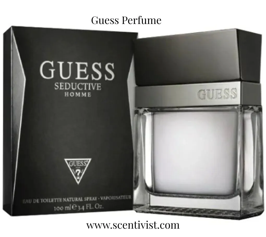 Guess Seductive Homme perfume bottle with a sleek square design displayed beside its black packaging box.