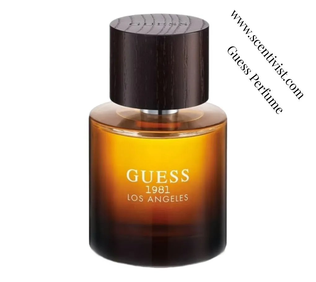 Guess Perfume1981 Los Angeles bottle with an amber gradient glass and dark wooden-style cap on a clean background.