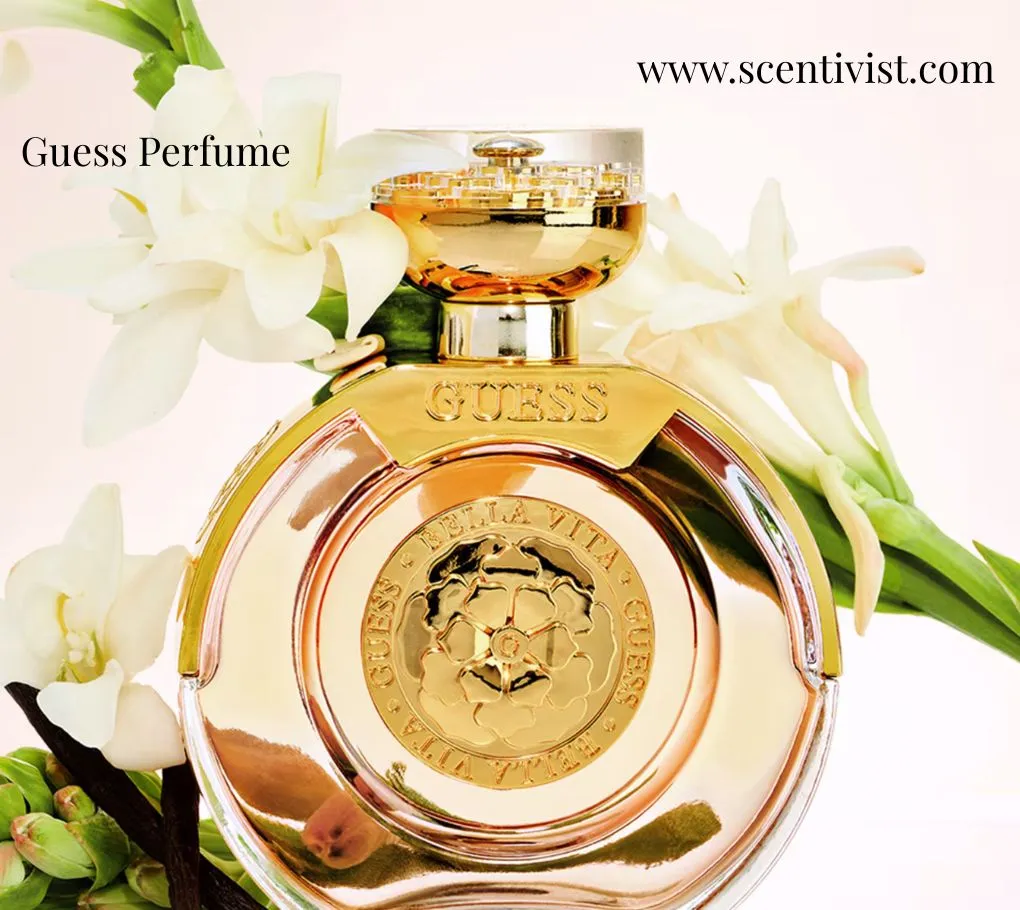 Guess Bella Vita perfume bottle in a gold finish surrounded by white flowers and green stems.