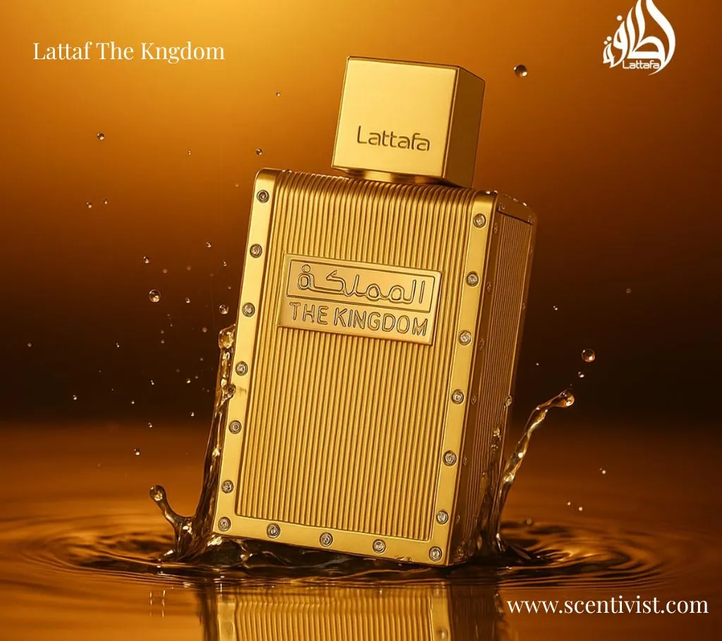 Lattafa The Kingdom Eau de Parfum by Lattafa perfume bottle splashing into amber liquid against a warm golden background.