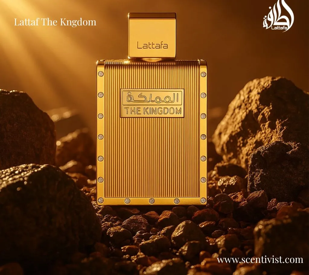 Lattafa The Kingdom  Parfum by Lattafa perfume bottle displayed with decorative stones in the background, highlighting its luxurious design.